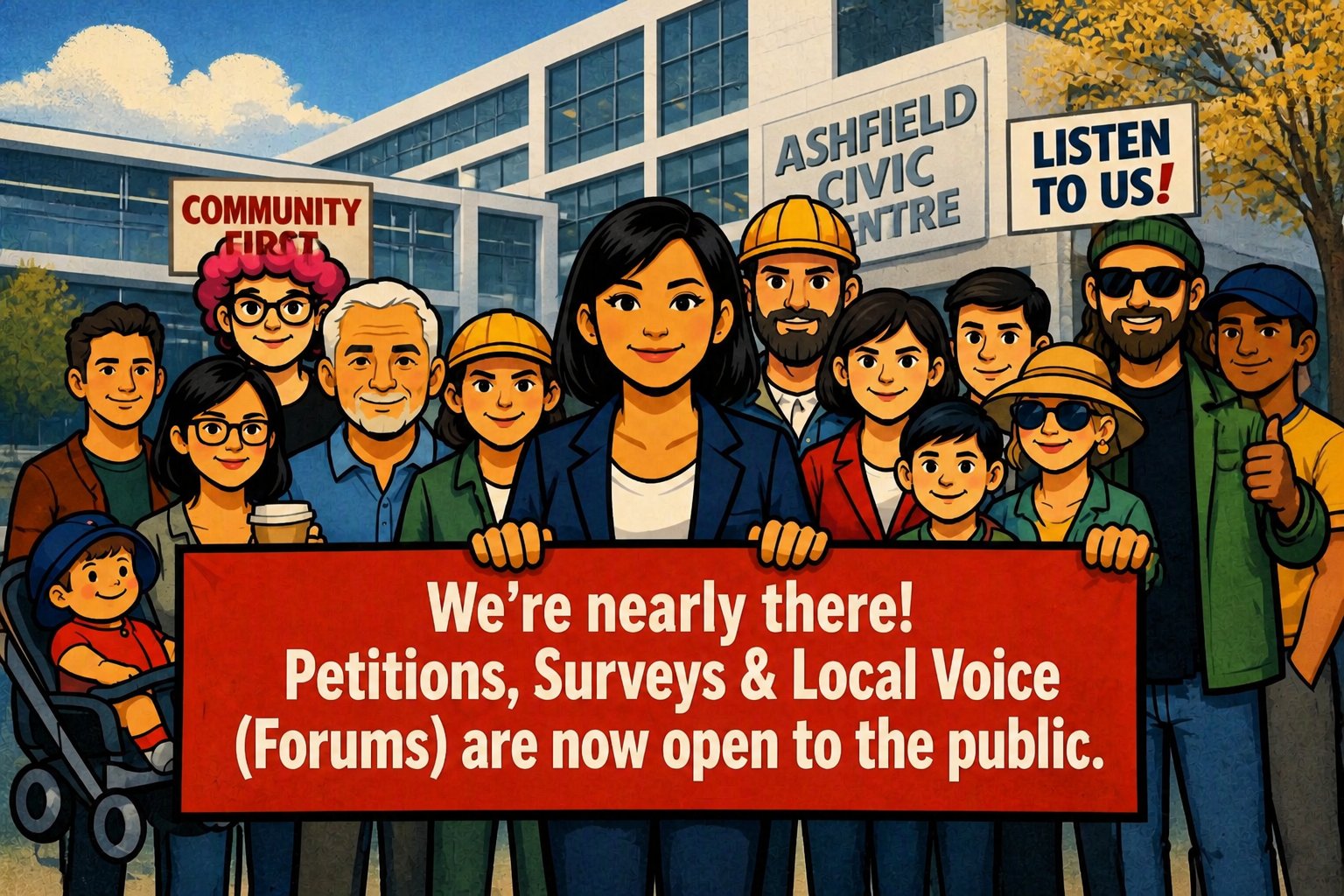 Ashfield neighbours outside Ashfield Civic Centre holding a banner: We are nearly there! Petitions, Surveys and Local Voice (Forums) are now open to the public.